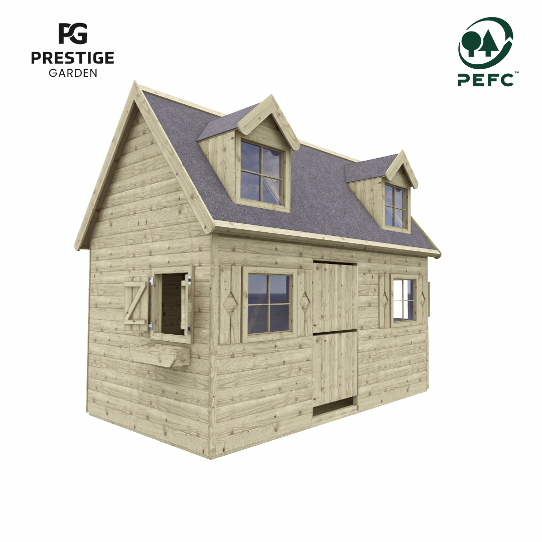 Groot houten speelhuis op de grond met verdieping, uniek speelhuis