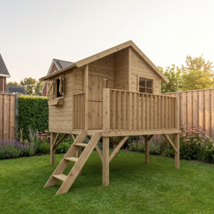 Groot houten speelhuis met luikjes en bloembak