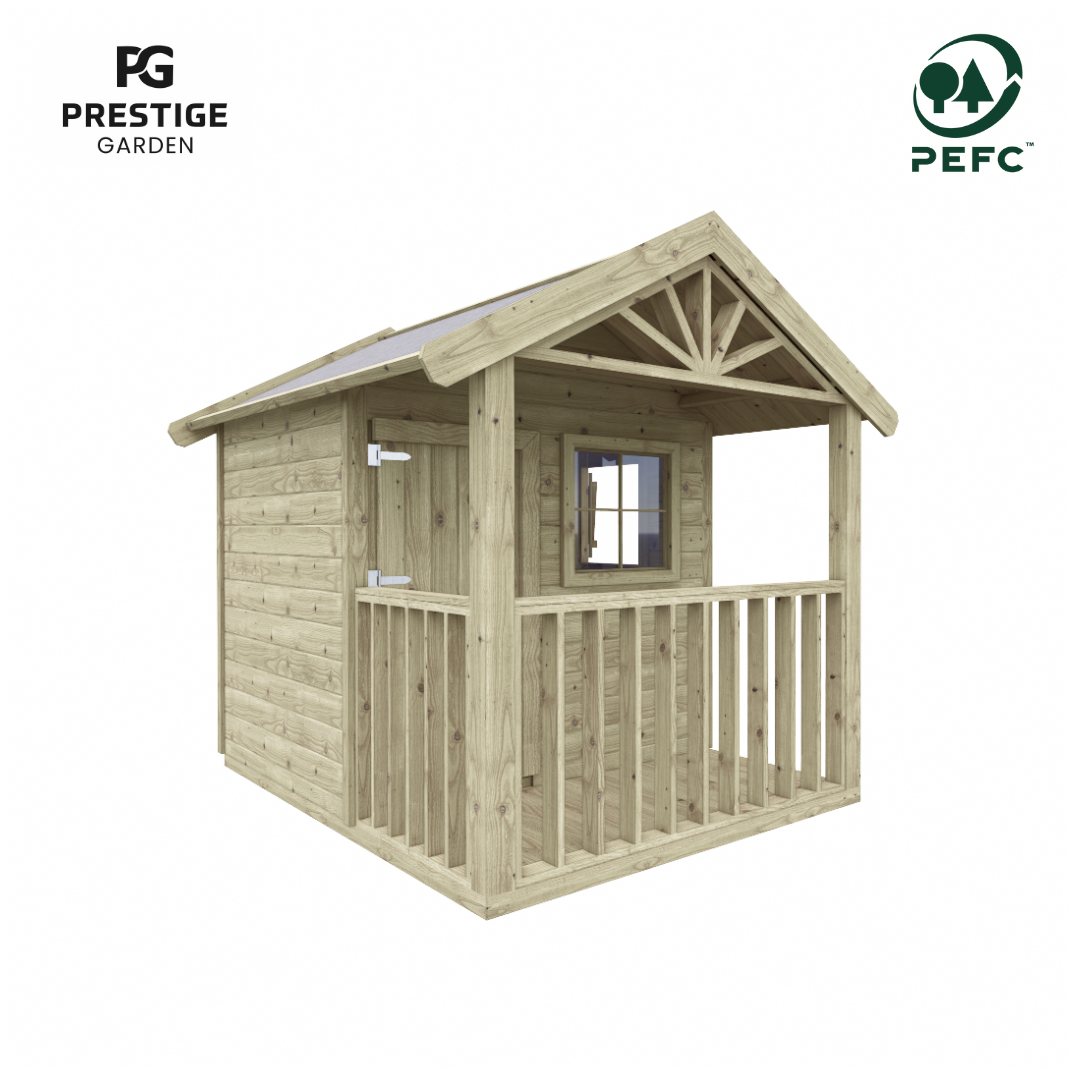 leuk houten speelhuisje met overkapping