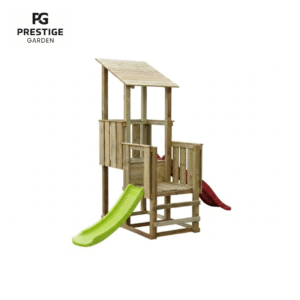 Houten speeltoren met twee glijbanen