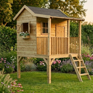 Houten speelhuisje op palen met bloembak en luikjes