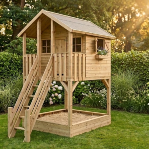 groot houten speelhuis met zandbak