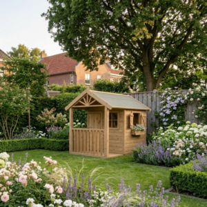 houten speelhuis op de grond met veranda en bloembak