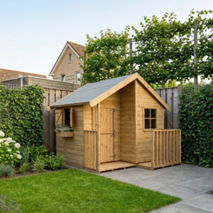Houten speelhuisje op de grond