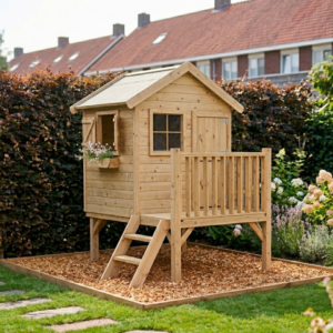 Leuk houten speelhuisje met luikjes en bloembak