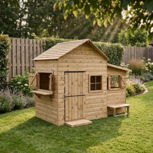 leuk houten speelhuisje met veel ramen en luikjes