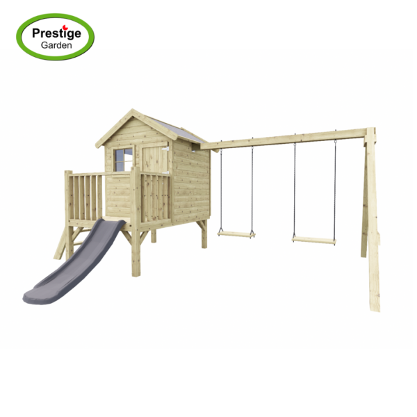 Houten speelhuis Funny L met aanbouwschommel dubbel en glijbaan - Prestige Garden