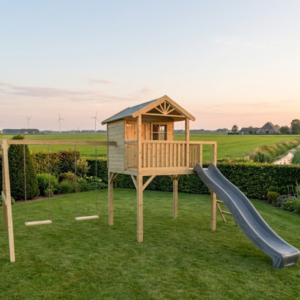 Houten speelhuis Funny XXL met aanbouwschommel dubbel en glijbaan - Prestige Garden