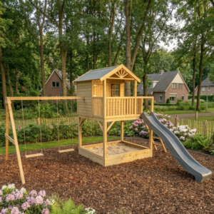 leuk houten speelhuis met glijbaan en zandbak