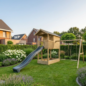 Houten speelhuis Treehut met zandbak, glijbaan en schommel dubbel - Prestige Garden