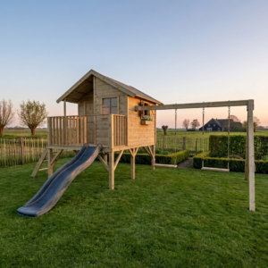 Houten speelhuis Brussel met glijbaan en aanbouwschommel dubbel - Prestige Garden