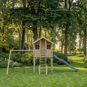 Houten Speelhuis Big House met aanbouwschommel dubbel en glijbaan - Prestige Garden