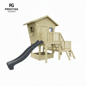 Uniek speelhuis met glijbaan en zandbak en platform