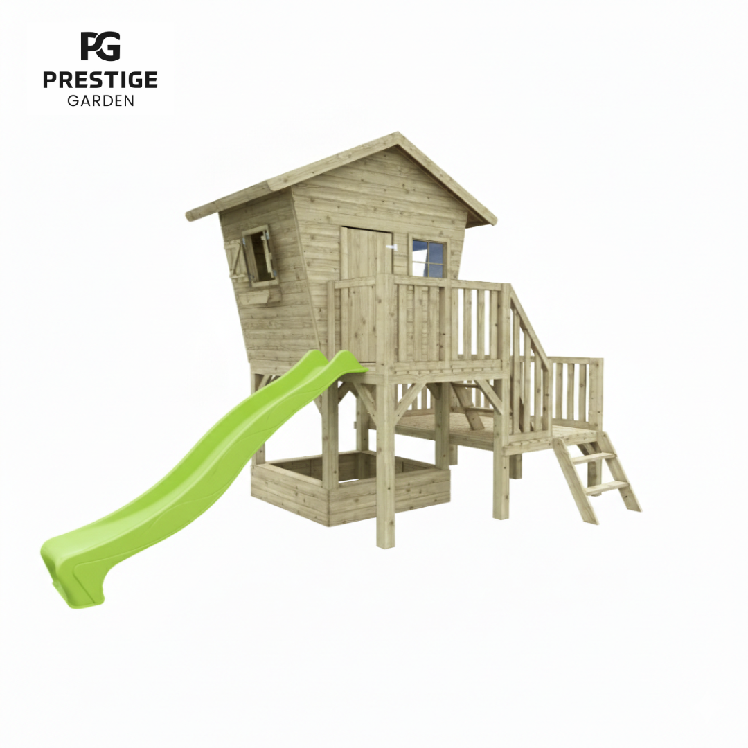 buitenspeelgoed, houten speelhuis met platform en glijbaan