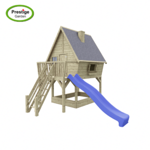 gezellig houten speelhuis met puntdak, glijbaan en zandbak