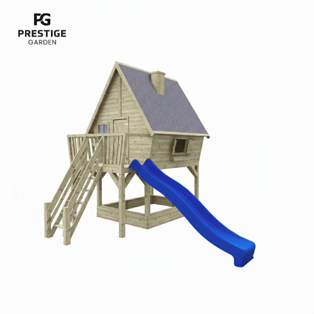 Houten speelhuis met grote zandbak