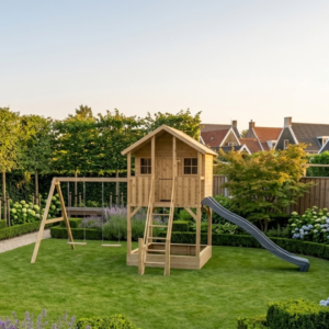 luxe houten speelhuis met grijze glijbaan en dubbele schommel