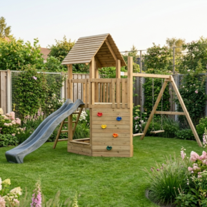 Houten speelhuis Shiptower met glijbaan en aanbouwschommel dubbel - Prestige Garden