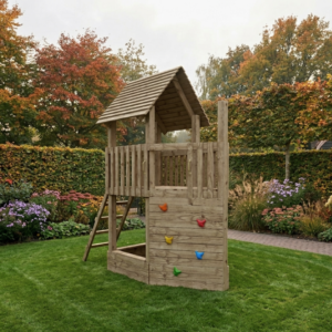 Leuk houten speeltoren met klimwand