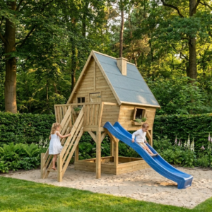 Clubhouse - Prestige Garden houten speelhuis inclusief zandbak en uitbreidbaar met glijbaan - Blauw