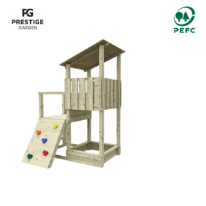 Leuke leerzame houten speeltoren met klimwand