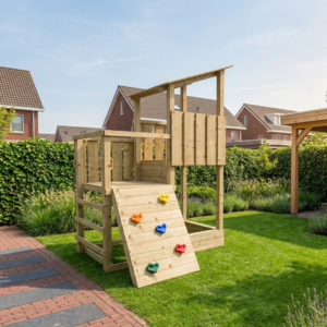 hoge speeltoren met zandbak en klimwand