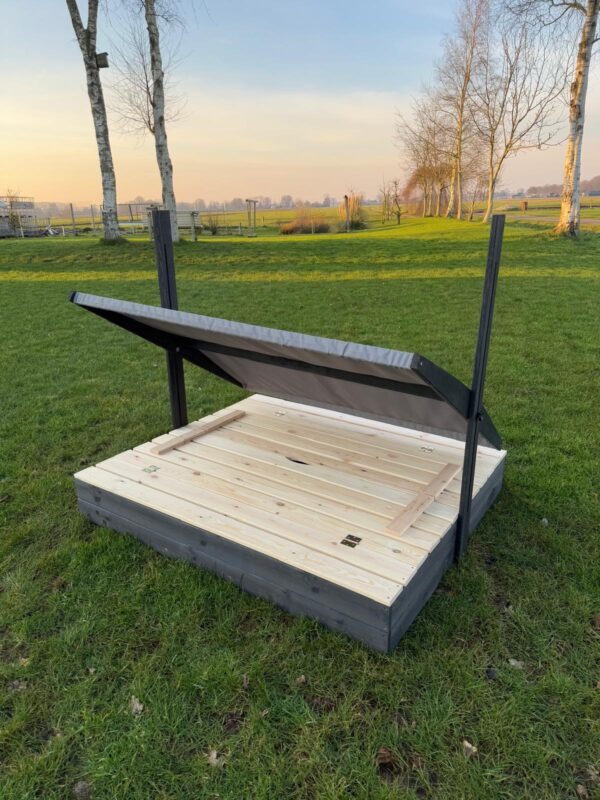 Zandbak met parasoldak 140 x 120 - met opklapbare bankjes - 2 planks antraciet met naturel  - Prestige Garden - Afbeelding 5