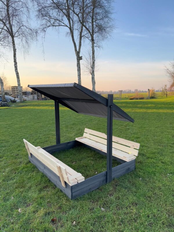 Zandbak met parasoldak 140 x 120 - met opklapbare bankjes - 2 planks antraciet met naturel  - Prestige Garden - Afbeelding 7
