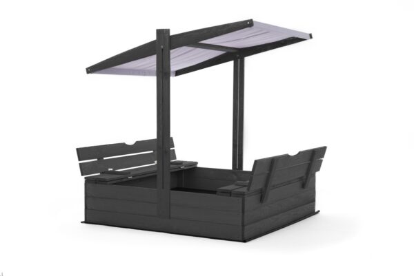 Zandbak 120 x 120 - met opklapbare bankjes - 3 planks antraciet met parasoldak - Prestige Garden - Afbeelding 2