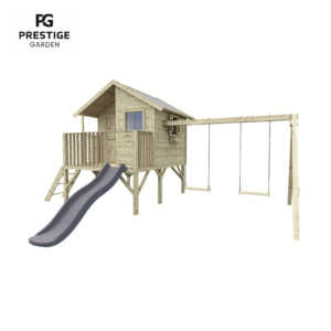 speelhuis met grijze glijbaan en aanbouwschommel