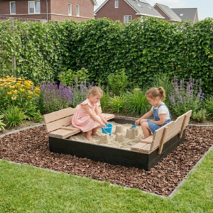Zandbak 120 x 100 - met opklapbare bankjes - 2 planks antraciet met naturel  - Prestige Garden
