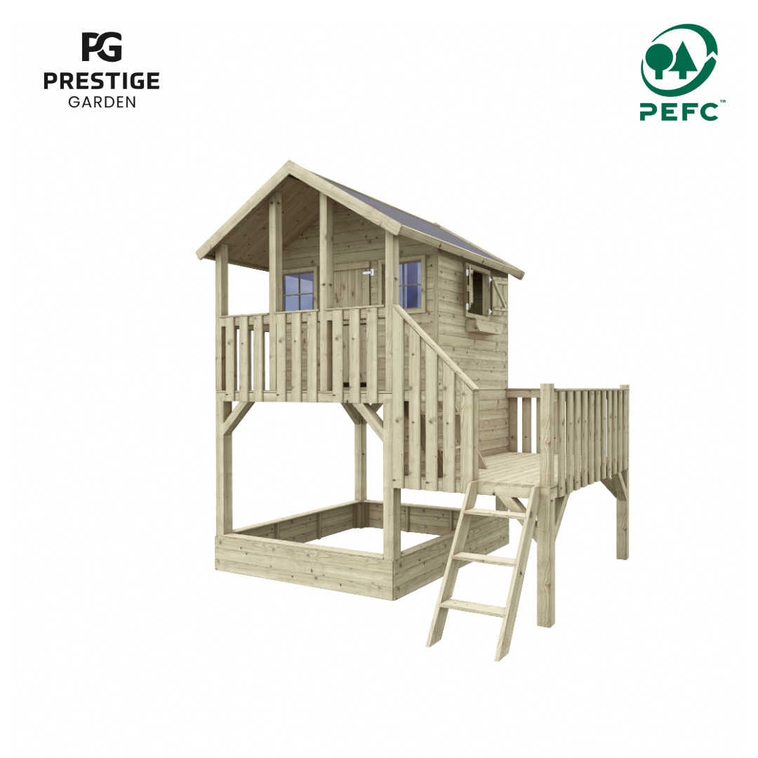 Groot houten speelhuis met zijplatform en zandbak