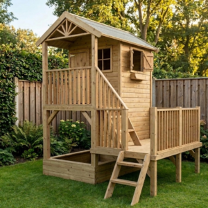 prachtig houten speelhuisje met een zijplatform, veel speelruimte