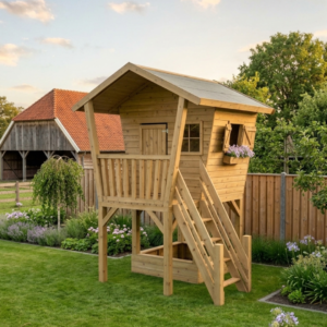 houten speelhuis met luikjes bloembak en veilige trap